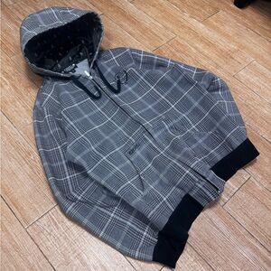 Y2K 00s Style Grey Black and White Plaid Zip up Hoodie Grunge Punk Goth Cyber